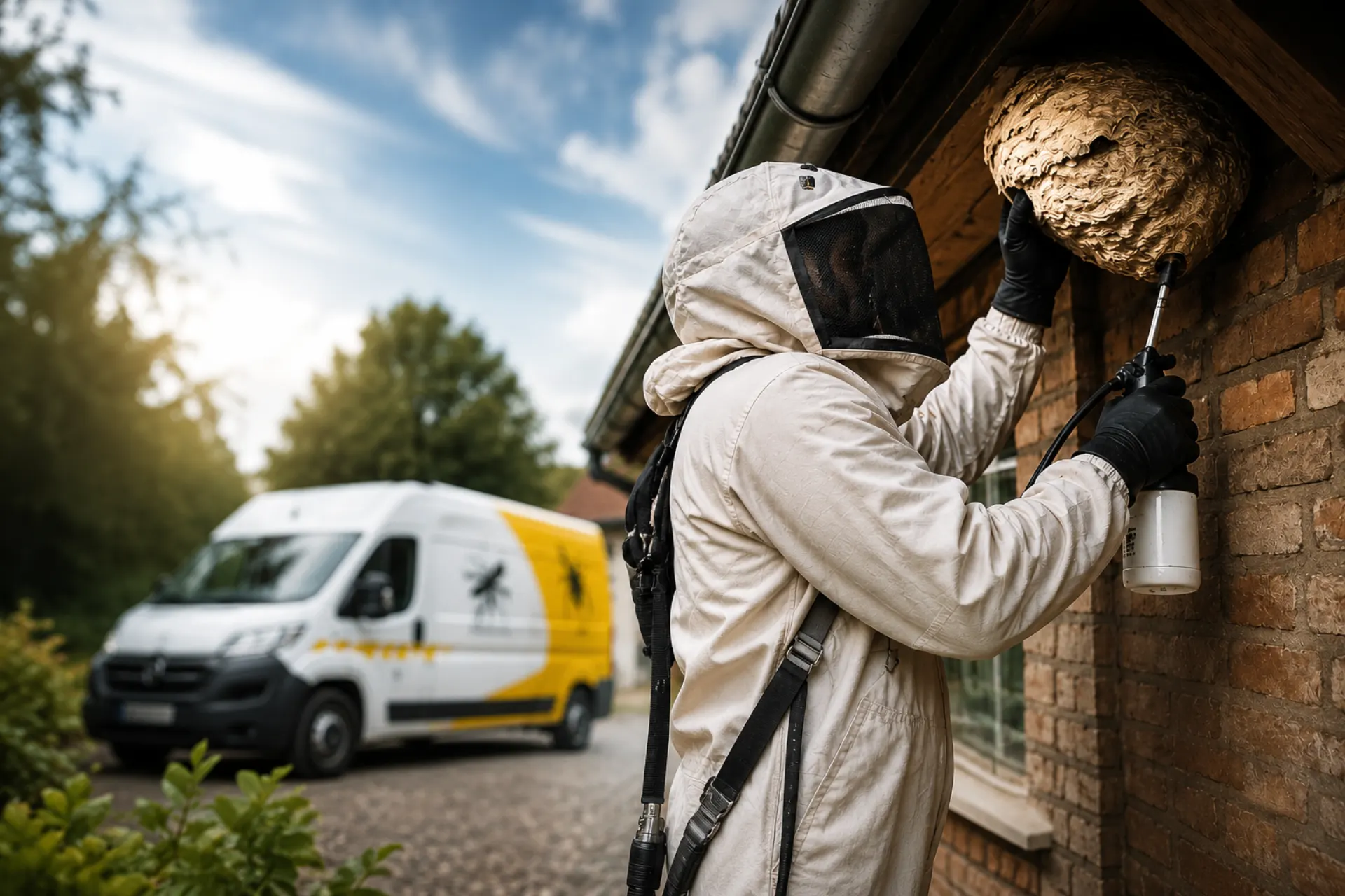 Technicien ALS Multi-Services détruisant un nid de guêpes en Wallonie