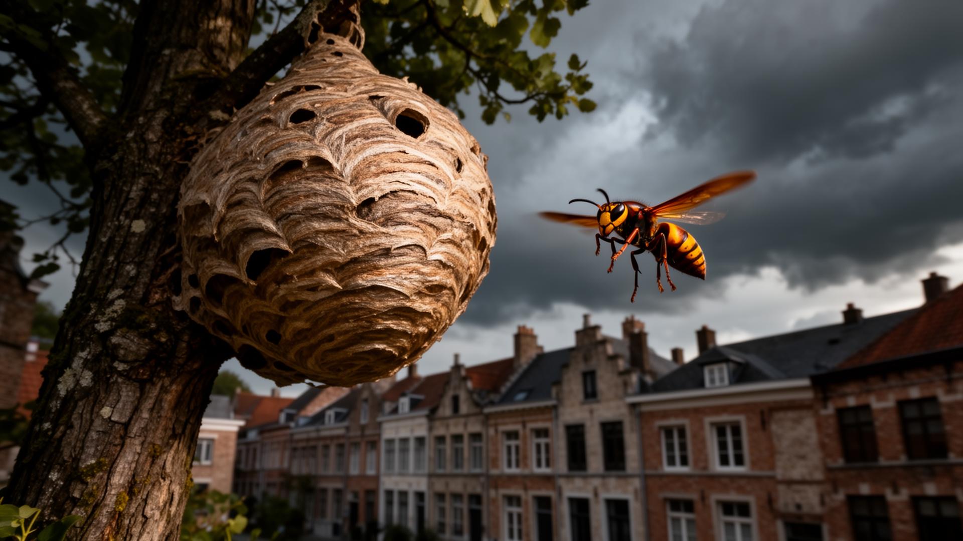 Technicien ALS Multi-Services détruisant un nid de frelon asiatique en hauteur dans un quartier résidentiel de Mons