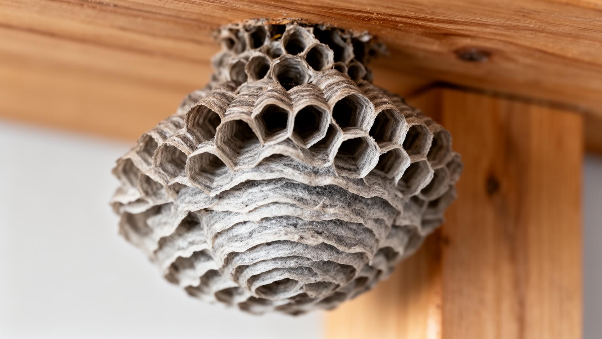 Nid de guêpes en papier mâché gris accroché à une poutre
